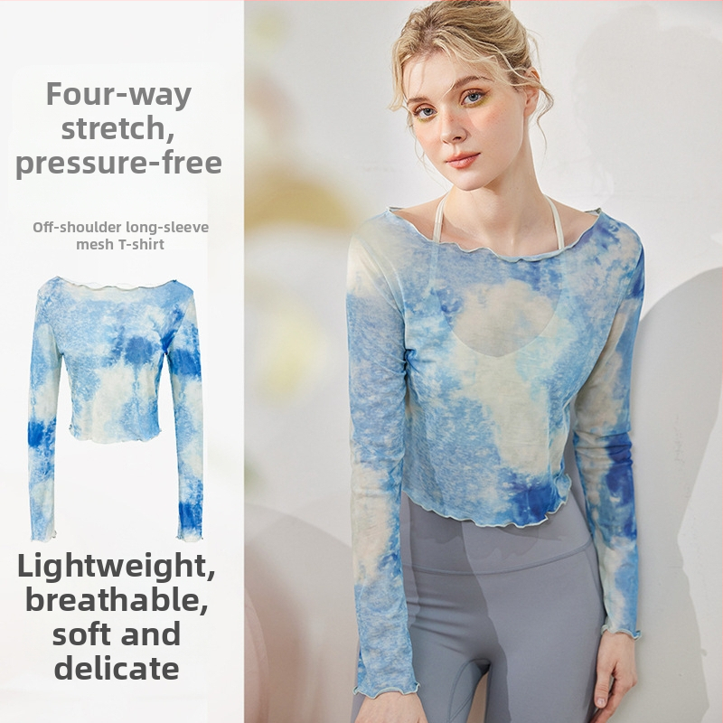 Sieviešu jogas tops ar garām piedurknēm, 40D režģa audums, 95% poliesters 5% elastāns, īss griezums, pieguļošs siluets, elpojošs