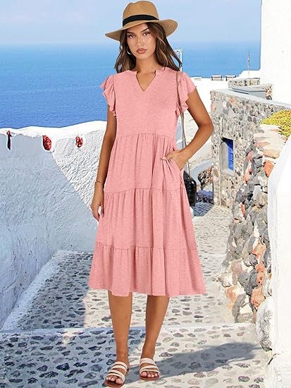 Poliesterio suknelė su patchworku, V formos kaklas, trumpomis lotus lapų rankovėmis, vidutinio ilgio panelinė suknelė