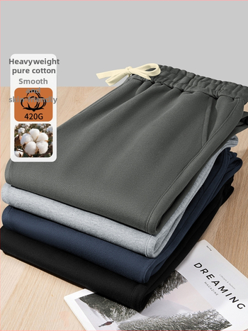 Kasdienės sportinės kelnės iš 100% medvilnės, 420 g, tiesus kirpimas su vidurine juosmeniu, dirželis ir raišteliai