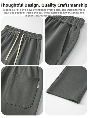 Kasdienės sportinės kelnės iš 100% medvilnės, 420 g, tiesus kirpimas su vidurine juosmeniu, dirželis ir raišteliai