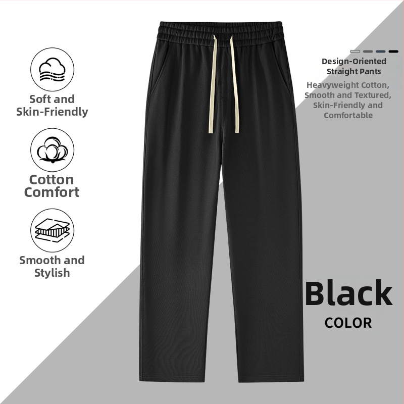 Kasdienės sportinės kelnės iš 100% medvilnės, 420 g, tiesus kirpimas su vidurine juosmeniu, dirželis ir raišteliai