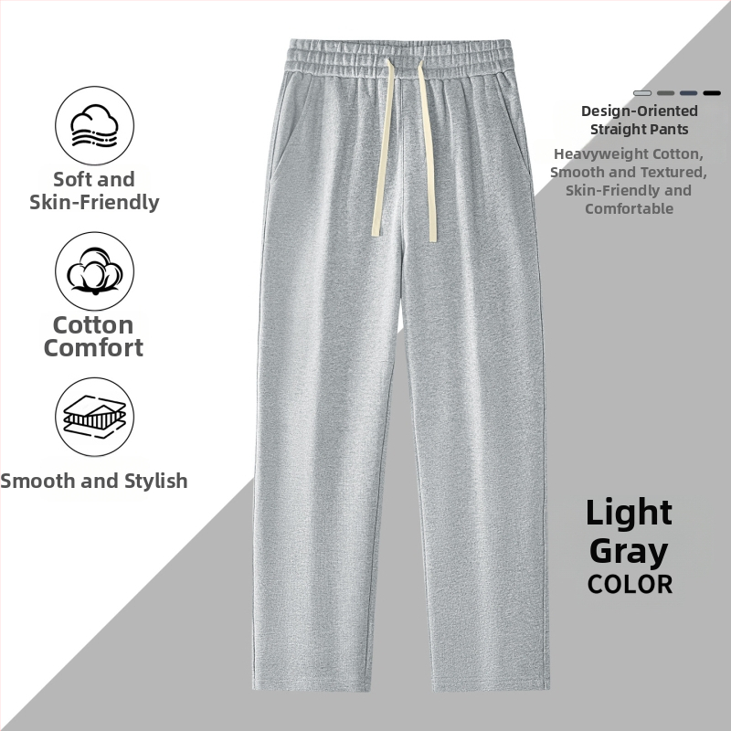 Kasdienės sportinės kelnės iš 100% medvilnės, 420 g, tiesus kirpimas su vidurine juosmeniu, dirželis ir raišteliai