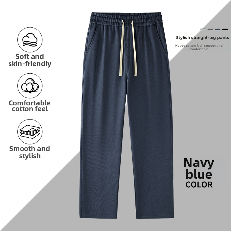 Kasdienės sportinės kelnės iš 100% medvilnės, 420 g, tiesus kirpimas su vidurine juosmeniu, dirželis ir raišteliai