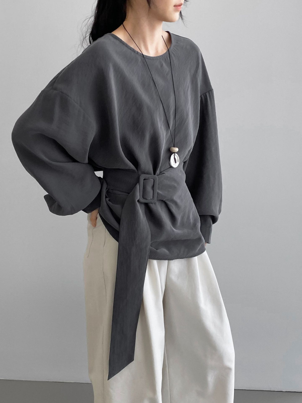 Teksturirana pamučna košulja s kaišem, dugi rukavi, ovratnik s reverom, jednostruko kopčanje