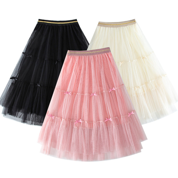 Mergaitėms skirtas sijonas, korėjietiško stiliaus aukšta juosmens, netaisyklingo kirpimo vidutinio ilgio tiulis su poliesterio pamušalu