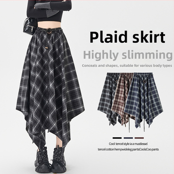 Ženska asimetrična karirana suknja, visok pojas, A-linija midi duljine, retro stil; materijal: poliester s elastanom (80%/3%/17%)