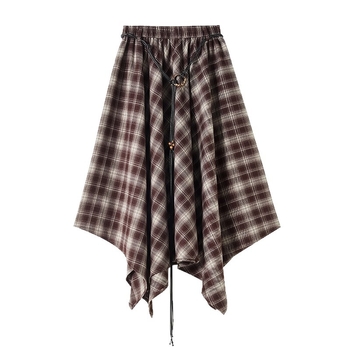 Ženska asimetrična karirana suknja, visok pojas, A-linija midi duljine, retro stil; materijal: poliester s elastanom (80%/3%/17%)
