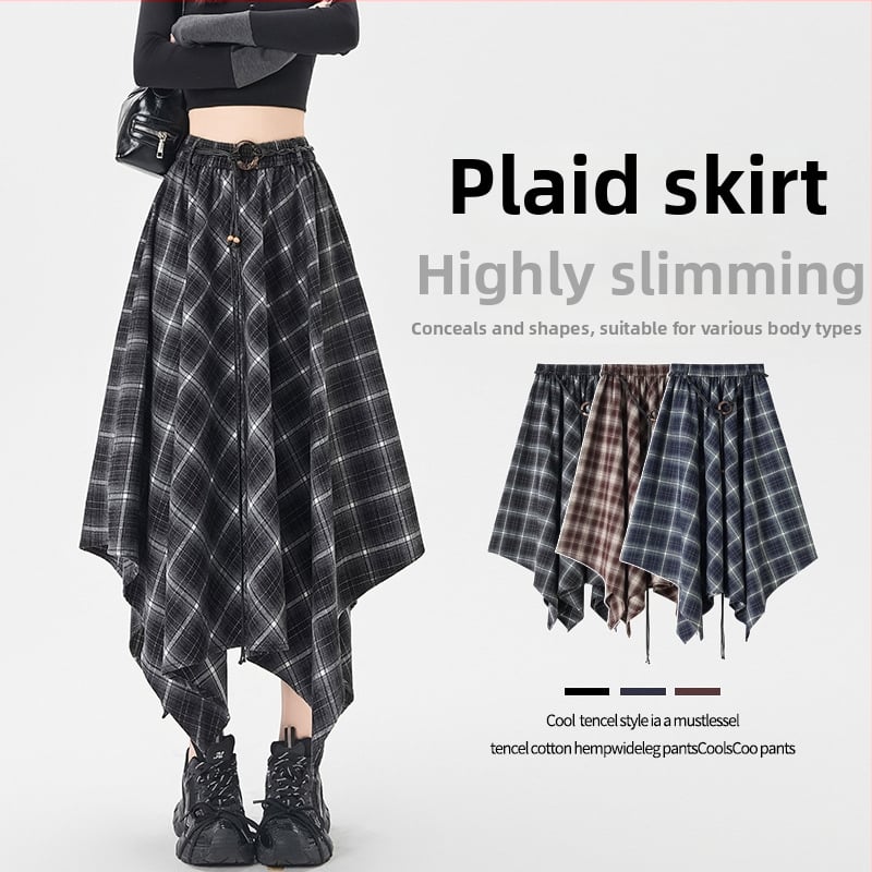 Ženska asimetrična karirana suknja, visok pojas, A-linija midi duljine, retro stil; materijal: poliester s elastanom (80%/3%/17%)