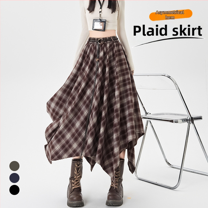 Ženska asimetrična karirana suknja, visok pojas, A-linija midi duljine, retro stil; materijal: poliester s elastanom (80%/3%/17%)