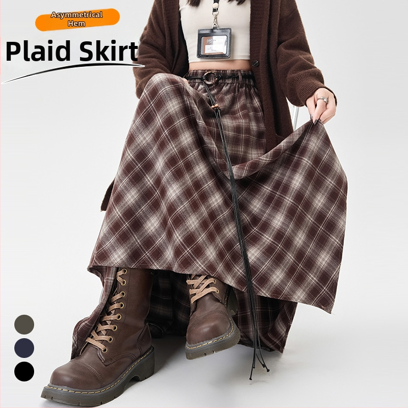 Ženska asimetrična karirana suknja, visok pojas, A-linija midi duljine, retro stil; materijal: poliester s elastanom (80%/3%/17%)