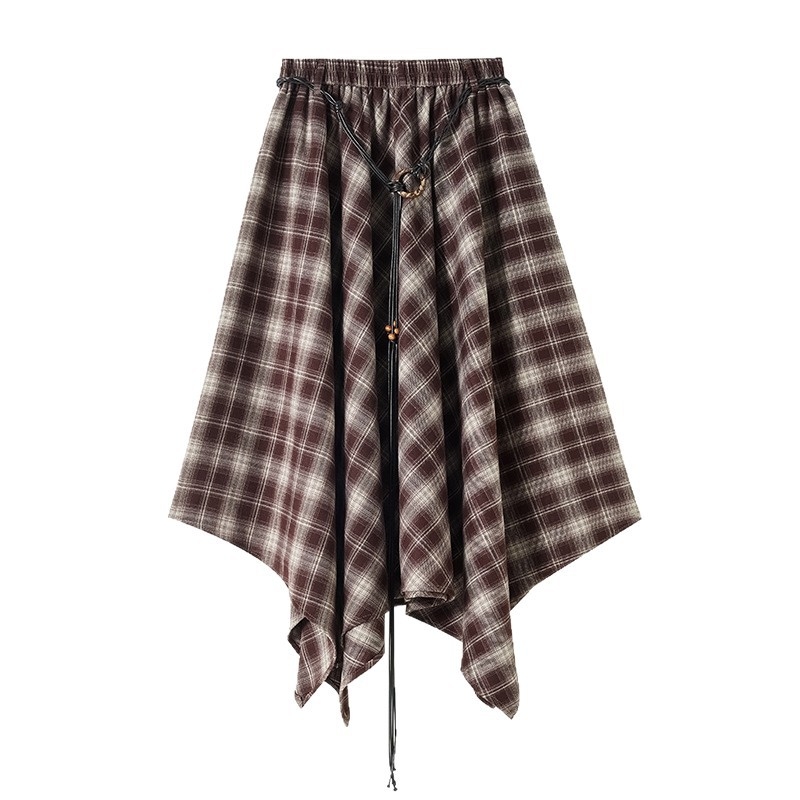 Ženska asimetrična karirana suknja, visok pojas, A-linija midi duljine, retro stil; materijal: poliester s elastanom (80%/3%/17%)