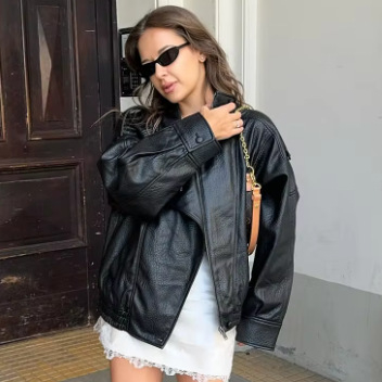 FEASY mākslīgās ādas jaka - ultra īss garums, apkakle ar lapeli, rāvējslēdzējs, garas piedurknes