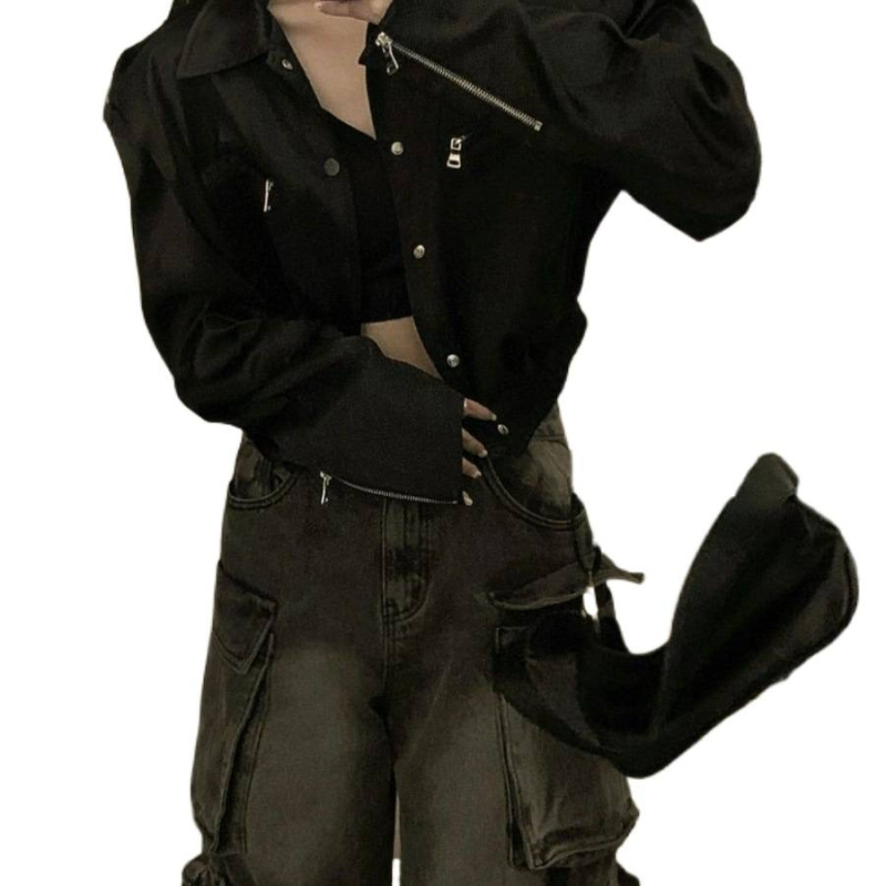 Sieviešu mākslīgās ādas jaka, polo apkakle, rāvējslēdzēja aizdare, ultra īss garums, pavasaris 2025.