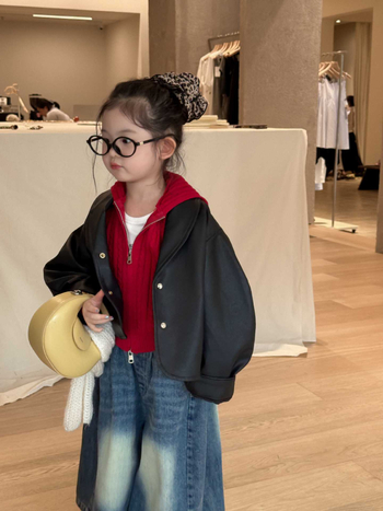 Mergaitei skirta PU odinė striukė Korejos stiliumi su apykakle, ruduo 2025