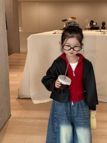 Mergaitei skirta PU odinė striukė Korejos stiliumi su apykakle, ruduo 2025