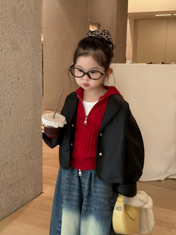 Mergaitei skirta PU odinė striukė Korejos stiliumi su apykakle, ruduo 2025