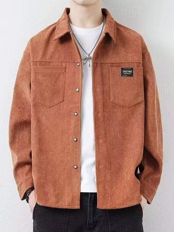 Muška Corduroy jakna s Lapel ovratnikom, jednostruko kopčanje, uži kroj, dugi rukavi, ravni rub, proljeće–jesen