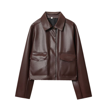 Rudenī 2025 Sievietes no mākslīgās ādas jaka ar reversu, rāvējslēdzēja aizdari, garas piedurknes, šaurs piegriezums