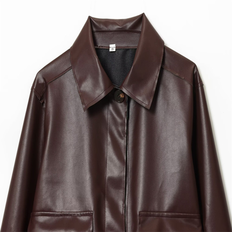 Rudenī 2025 Sievietes no mākslīgās ādas jaka ar reversu, rāvējslēdzēja aizdari, garas piedurknes, šaurs piegriezums