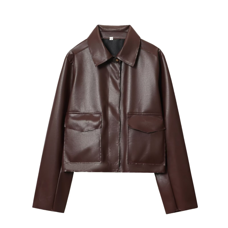 Rudenī 2025 Sievietes no mākslīgās ādas jaka ar reversu, rāvējslēdzēja aizdari, garas piedurknes, šaurs piegriezums