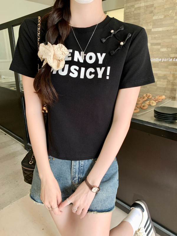 Ženski T-shirt od pamuka s otiskom, okrugli izrez, kratki rukav, slim fit, 92% pamuk + 8% elastan