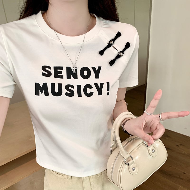 Ženski T-shirt od pamuka s otiskom, okrugli izrez, kratki rukav, slim fit, 92% pamuk + 8% elastan
