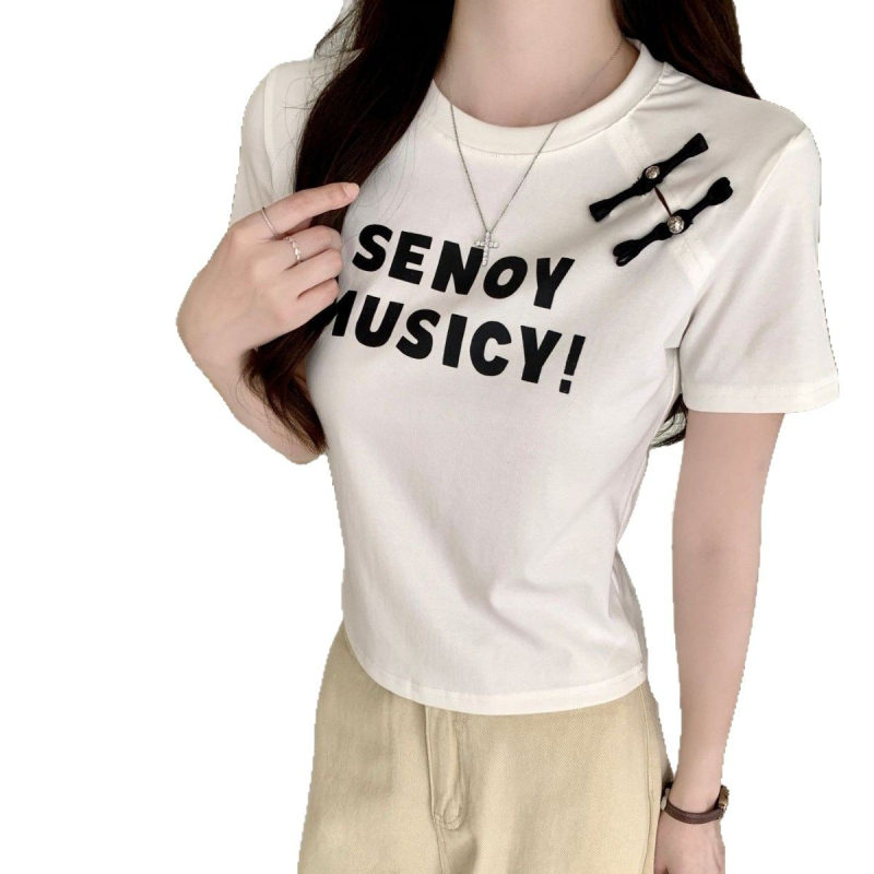 Ženski T-shirt od pamuka s otiskom, okrugli izrez, kratki rukav, slim fit, 92% pamuk + 8% elastan