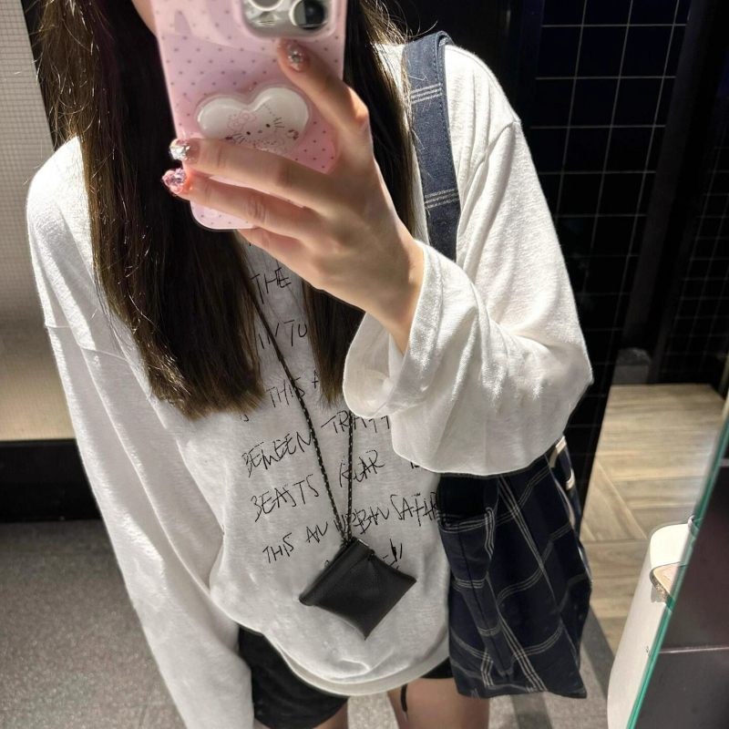 Ženski pamučni T-shirt s dugim rukavima, labavi kroj, okrugli ovratnik, geometrijski uzorak, srednja duljina
