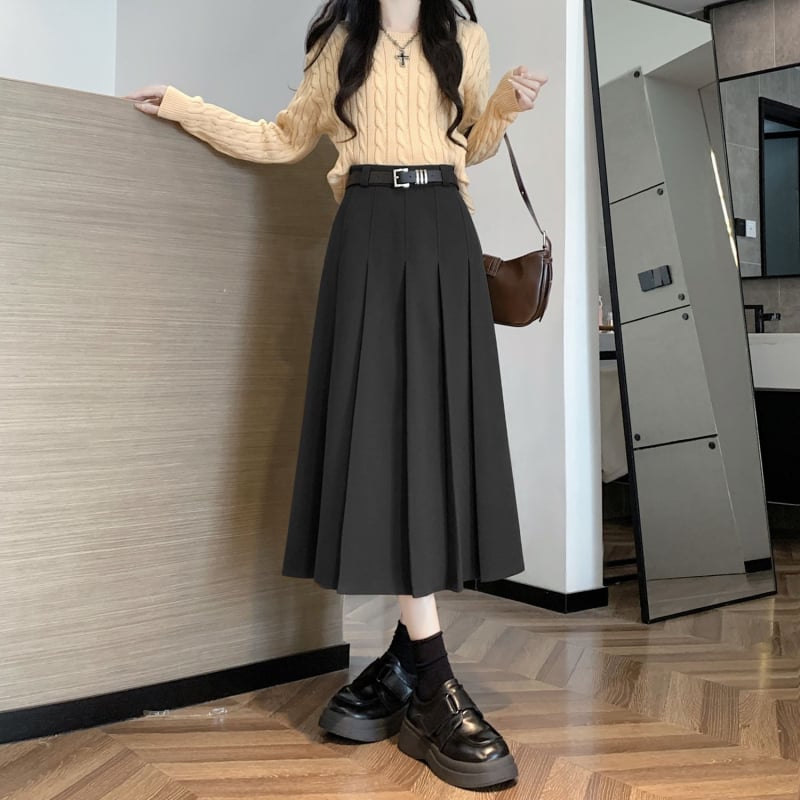 Vunena plisirana suknja s visokim strukom, srednja duljina, 95% poliester