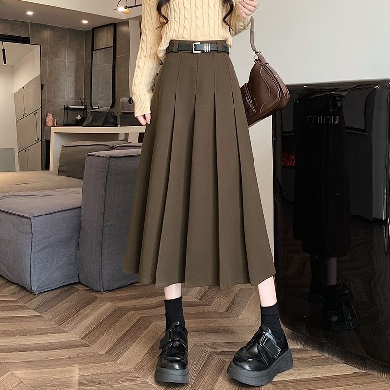 Vunena plisirana suknja s visokim strukom, srednja duljina, 95% poliester