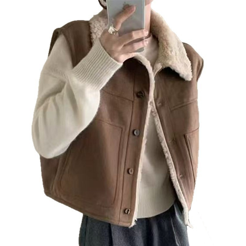 Ženski prsluk s flis podstavom, debeli zimski komad, korejski retro stil, bez rukava, s kopčama