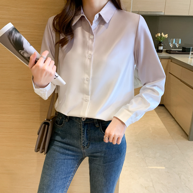 Košulja od poliester šifona, polo ovratnik, dugi rukav, kardigan stil, širok kroj