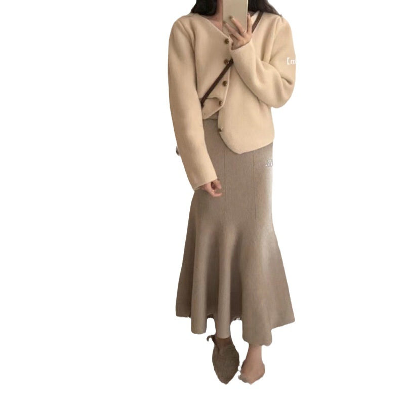 Плетена миди пола с висока талия, силует А‑линия с фиштейл, плат от акрилни влакна, шевни детайли