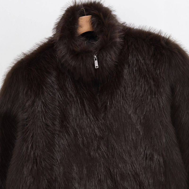 Γιλέκο με τεχνητή γούνα, ρετρό στυλ, όρθιος γιακά, φερμουάρ, πολυεστέρας 95%+