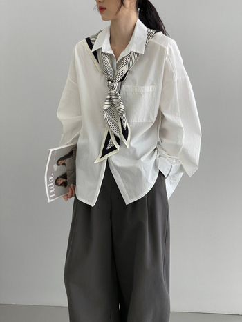 Pamukna košulja, ležerni kroj, lampasti rukavi, korejski stil, srednja duljina