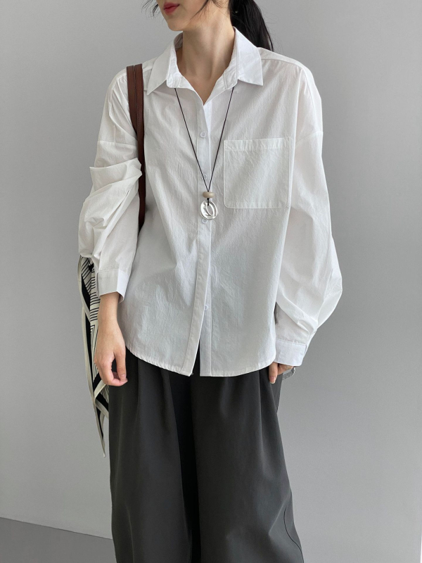 Pamukna košulja, ležerni kroj, lampasti rukavi, korejski stil, srednja duljina