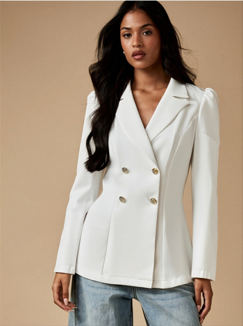 Naiselik slim-fit polüesterbleiser, apykaklaga, kahekordse kinnitusega, keskmise pikkusega, sügise-talve 2025