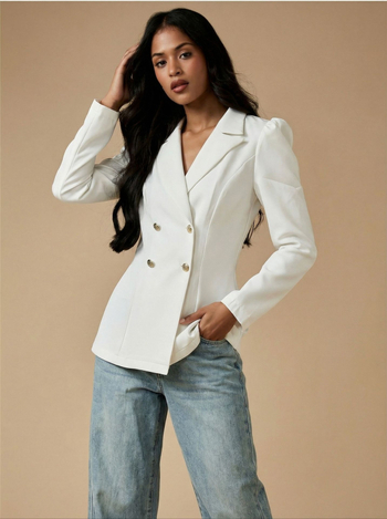 Naiselik slim-fit polüesterbleiser, apykaklaga, kahekordse kinnitusega, keskmise pikkusega, sügise-talve 2025