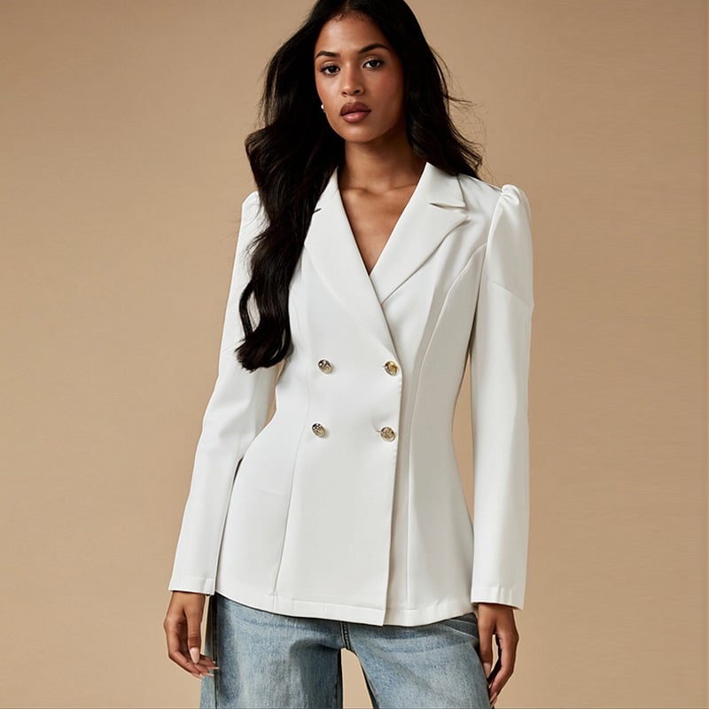 Naiselik slim-fit polüesterbleiser, apykaklaga, kahekordse kinnitusega, keskmise pikkusega, sügise-talve 2025