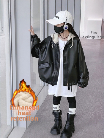 Mergaitėms skirta PU odos striukė korejiško stiliaus su nuimamomis gobtuvais ir užtrauktuku