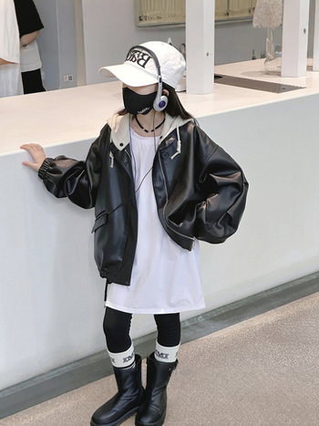 Mergaitėms skirta PU odos striukė korejiško stiliaus su nuimamomis gobtuvais ir užtrauktuku