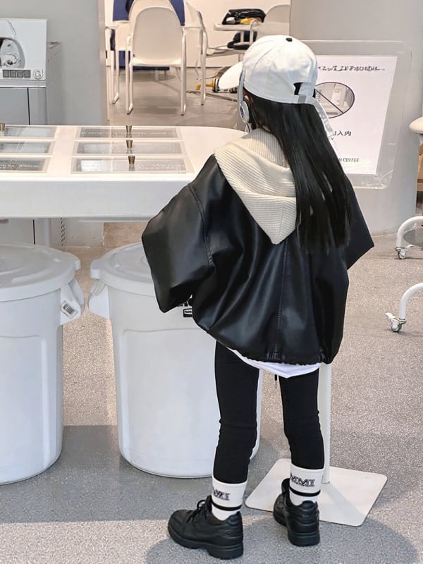 Mergaitėms skirta PU odos striukė korejiško stiliaus su nuimamomis gobtuvais ir užtrauktuku