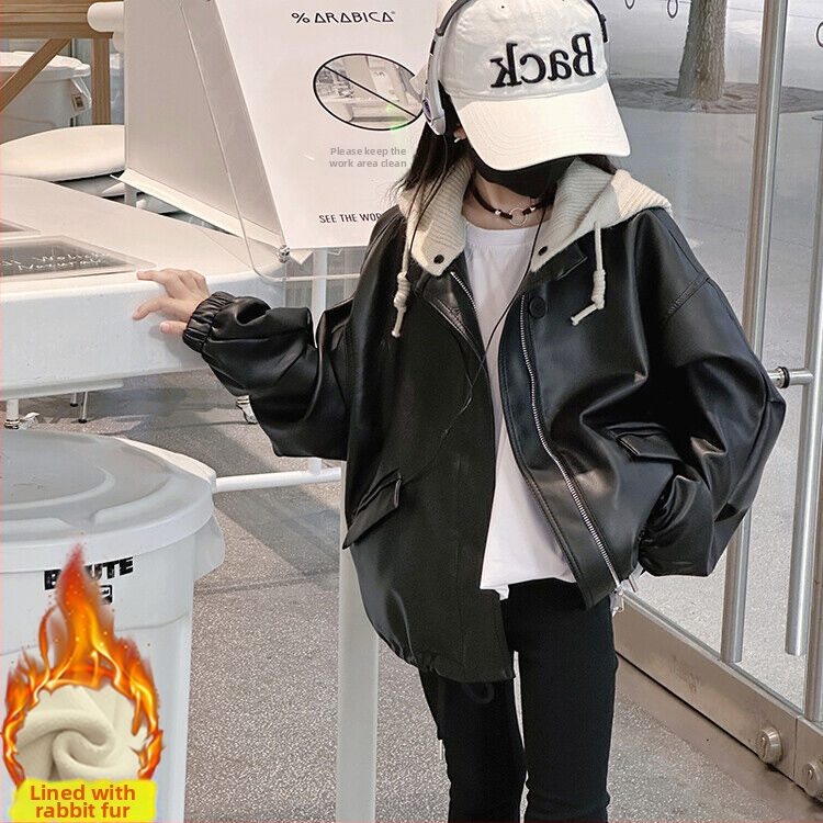 Mergaitėms skirta PU odos striukė korejiško stiliaus su nuimamomis gobtuvais ir užtrauktuku