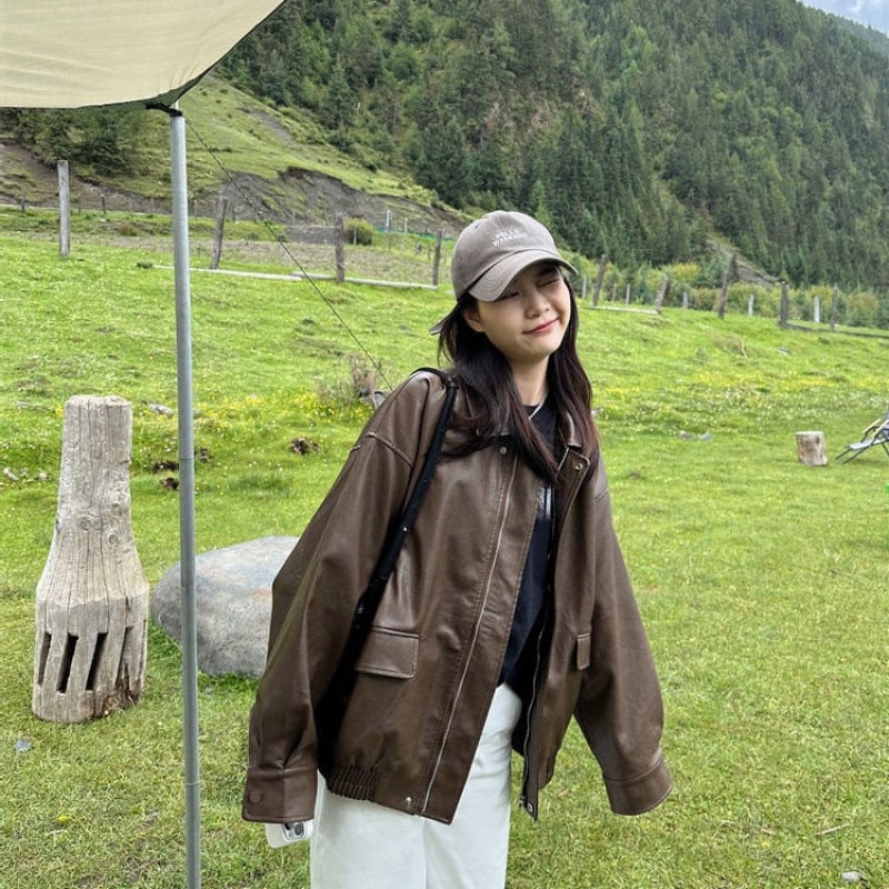 Sieviešu ādas moto jaka, retro stils, pavasaris 2025, polo apkakle, princeses piedurknes, vienas rindas aizdare, īsa garuma (≤40 cm)