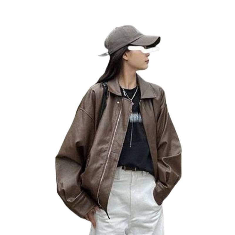 Sieviešu ādas moto jaka, retro stils, pavasaris 2025, polo apkakle, princeses piedurknes, vienas rindas aizdare, īsa garuma (≤40 cm)