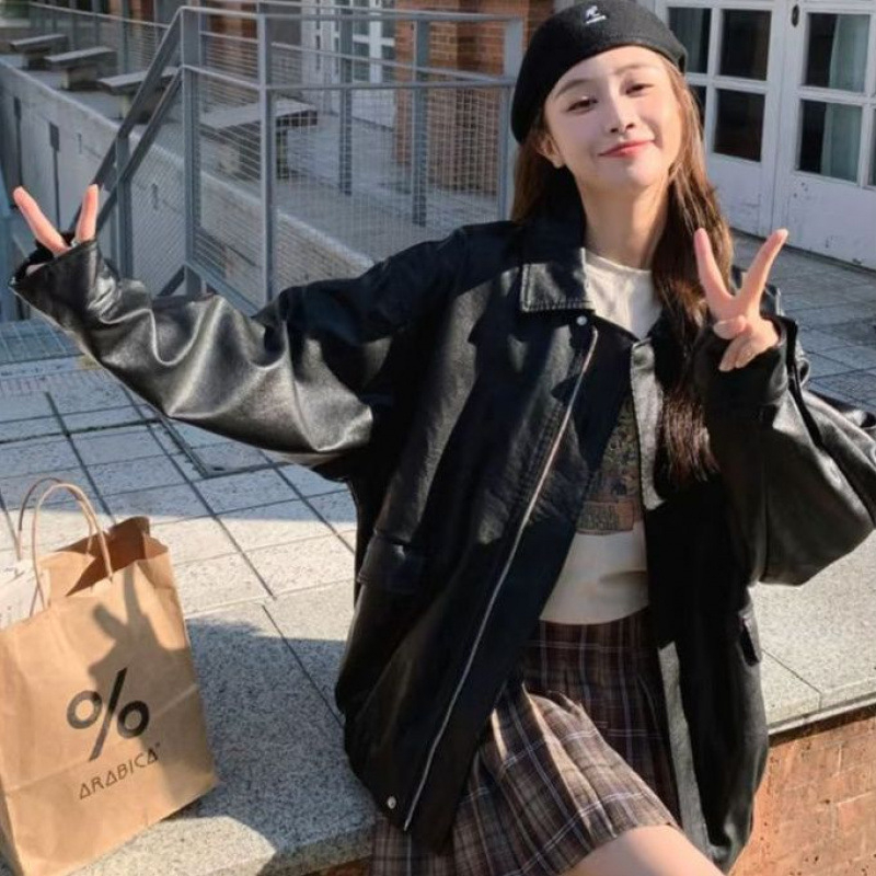 Sieviešu ādas moto jaka, retro stils, pavasaris 2025, polo apkakle, princeses piedurknes, vienas rindas aizdare, īsa garuma (≤40 cm)