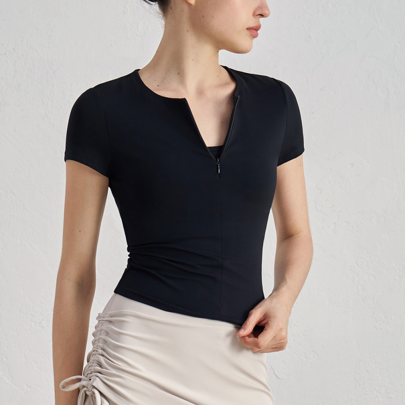 Moterų liesas jogos viršūnė su trumpomis rankovėmis, didelis elastingumas, nailonas/spandeksas 82/18, pilvo ilgis