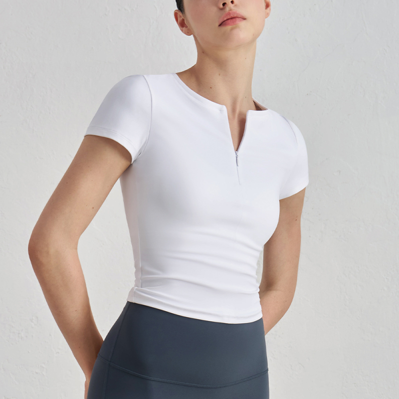 Moterų liesas jogos viršūnė su trumpomis rankovėmis, didelis elastingumas, nailonas/spandeksas 82/18, pilvo ilgis