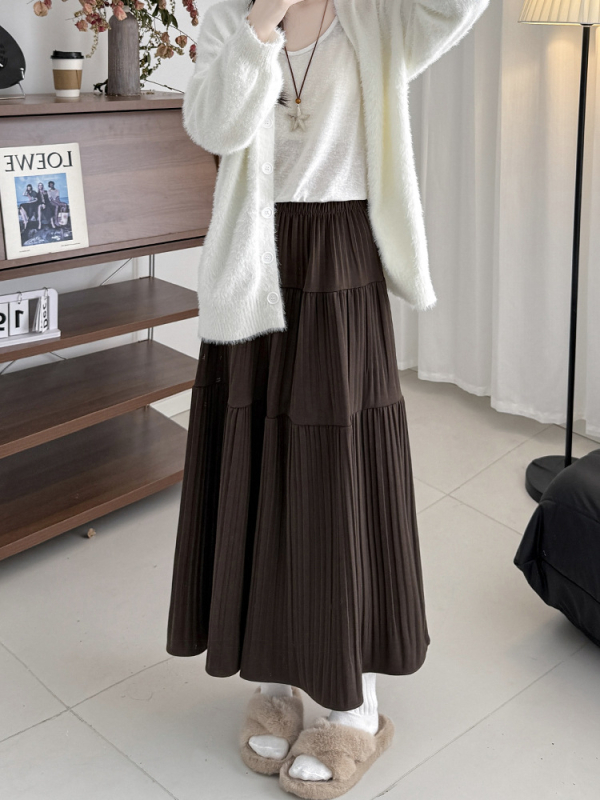 Han'er plisirana midi suknja od pletene tkanine, mješavina poliestera-viskozе-elastana, književno retro stil, jesen 2025