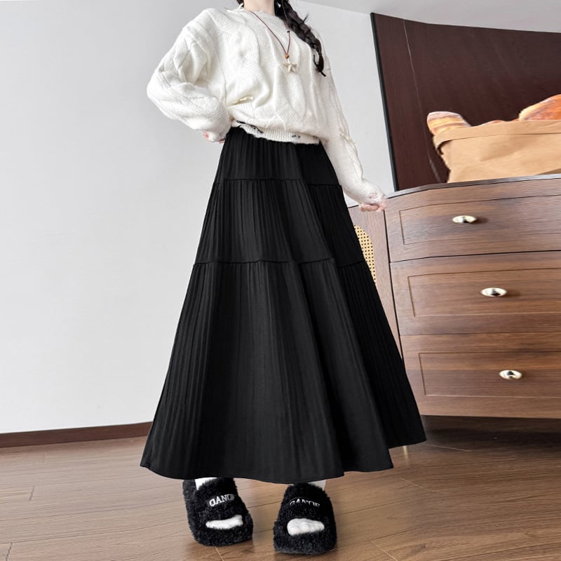 Han'er plisirana midi suknja od pletene tkanine, mješavina poliestera-viskozе-elastana, književno retro stil, jesen 2025